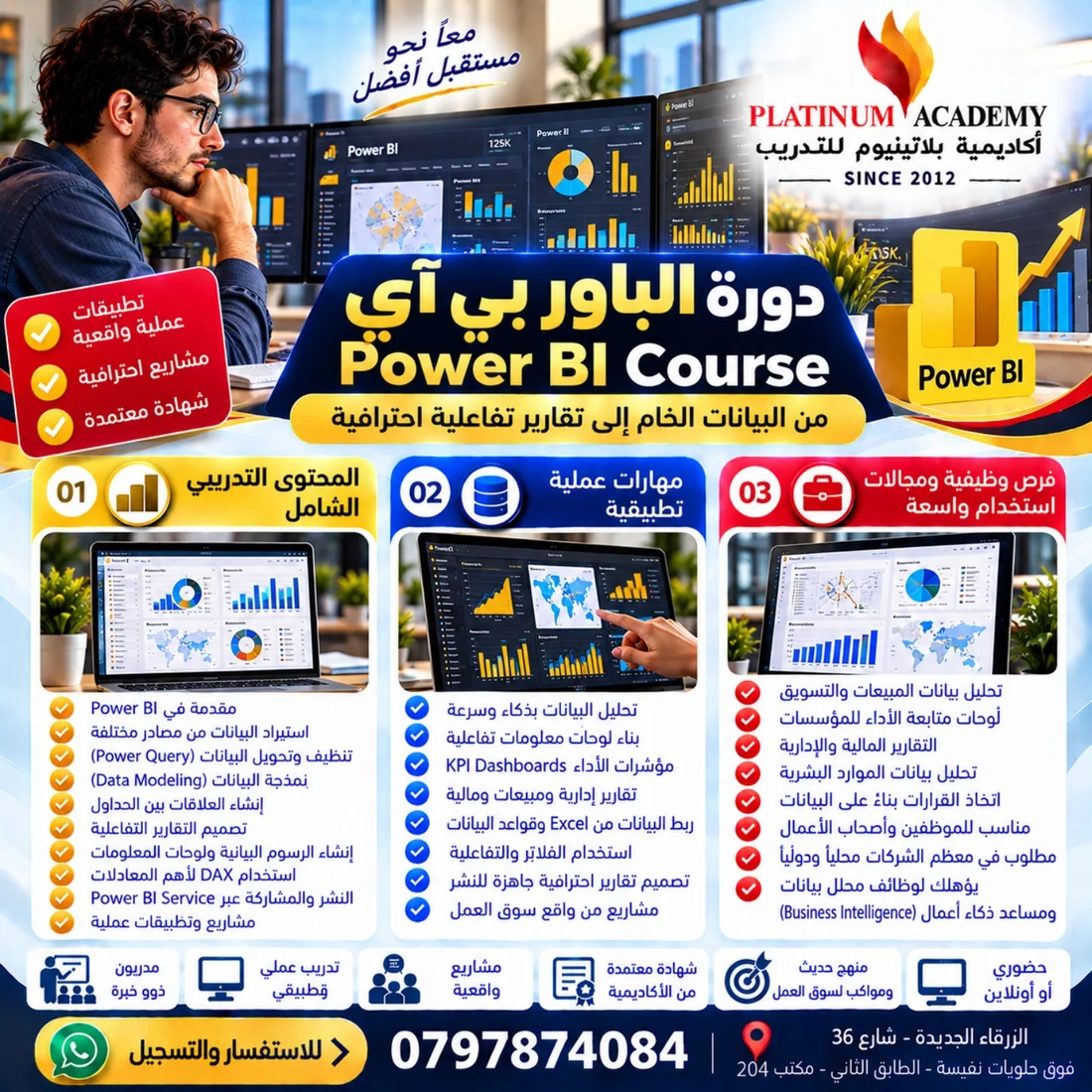 إعلان دورة Power BI لتحليل البيانات في الزرقاء من أكاديمية بلاتينيوم للتدريب
